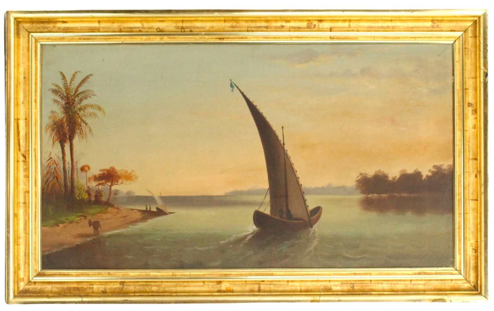 Tropical Nile River Landscape Painting Oil/Canvas: Tropical Nile River Landscape Painting Oil/Canvas. Felucca boat with a full sail traversing the palm tree terrain. Original Frame and Stretcher based upon similarities of aging on the backing. (image