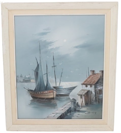 Signed Lacoste Oil On Canvas Nautical Harbor Scene (1 of 11)