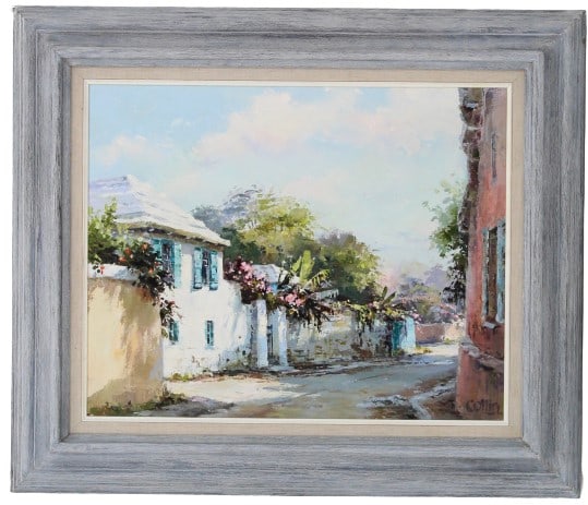 Celia Collin Oil on Canvas: Celia Collin Oil on Canvas. Signed in lower right. Painting of a landscape depicting a small path in front of a house. Both houses have matching blue shutters on their windows. Overall Size: 23 x 26 7