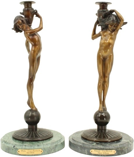 Edward McCartan (1879-1947) USA, Candlesticks: Edward McCartan (1879-1947) American, Pair of Nude Bronze Candlesticks. Male and female nude figures with amphora candle holder cups. Mounted on marble bases with gold finished plaques. Size: 9 x 9 x 
