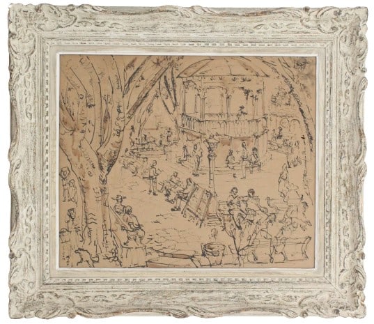 Clinton King (1901-1979) USA, Ink/Paper: Clinton King (1901-1979) USA, Ink/Paper. Name on back. News article about artist's death on back. Signed in lower left. Ink on paper scene of a busy park. Lots of figures enjoying time outside. Overal