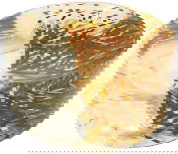 T Hlavicka (b 1950) Czech, Mixed Media Centerpiece: Tomas Hlavicka (b. 1950) Czech, Mixed Media Art Glass Centerpiece. Artist Signed & Dated ?2016?, Side. Features a large, round, clear glass centerpiece with strips of gold leaf suspended inside on