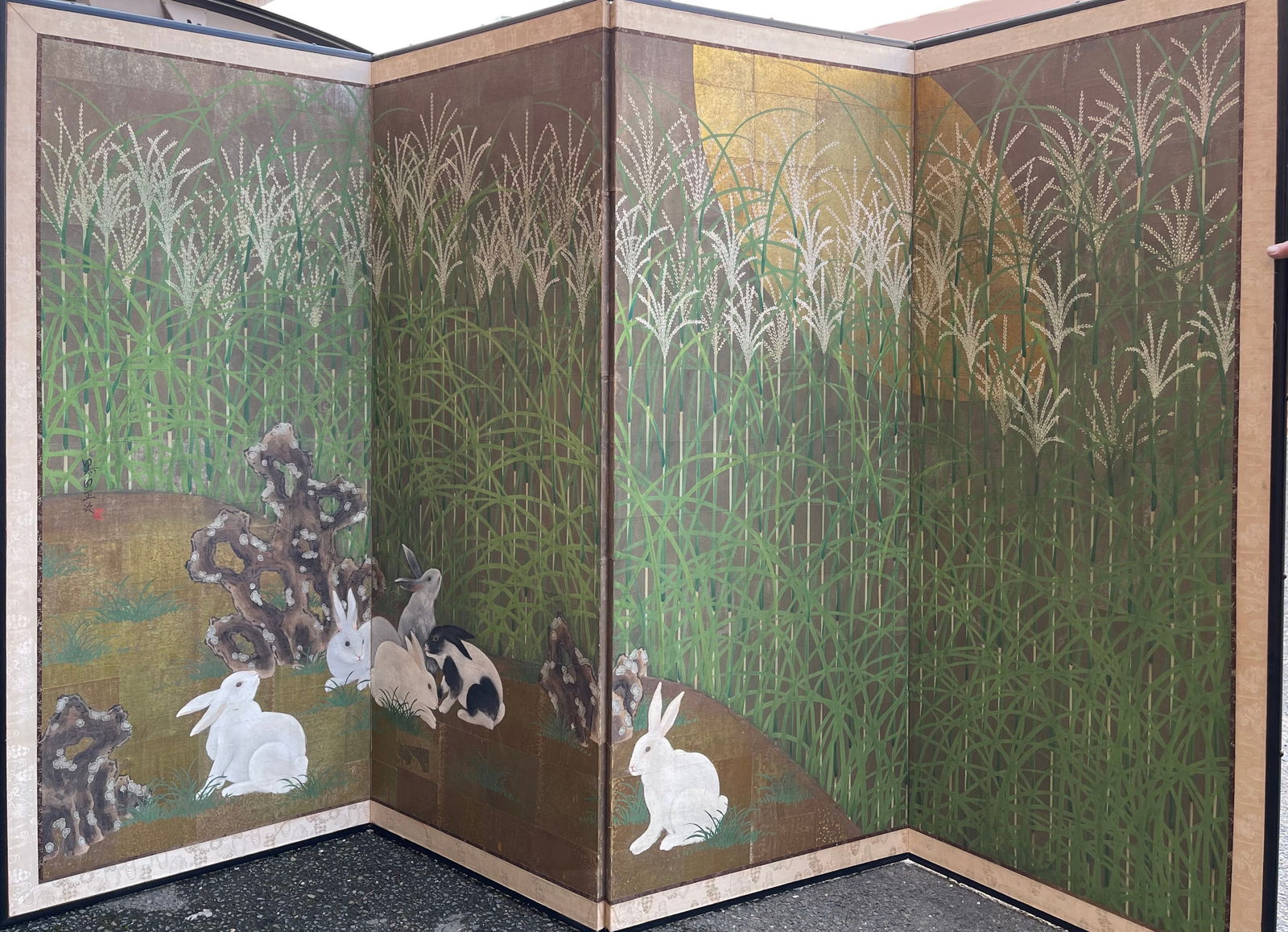 Robert Crowder (20th C) USA, Signed 4 Panel Screen: Robert Crowder (20th C) USA, Signed 4 Panel Screen. Signed hand painted 4 panel screen with brocade. 'Wild Grasses and Rabbits'. Provenance: Carol Knott Interior Design: Sonoma, CA. Size Wide Open: 11