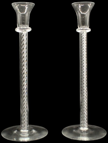 Pair of Kosta Boda Air Twist Candlesticks: Pair of Kosta Boda Air Twist Candlesticks. With original labels. Size: 5 x 5 x 13 in. #1589 Location E2