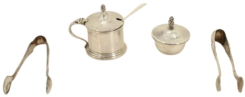 Tiffany Sterling, Gorham Sterling and Silver Tongs: (Image 5) English Sterling Silver Lidded Pot With Cobalt Blue Liner with Gorham Sterling Spoon.(Image 14) Tiffany & Co. Sterling Silver Lidded Trinket / Pill Box with Vermeil wash on the inside. Rose