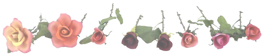 (8) Capodimonte Italian Porcelain Stemmed Roses: 8 Capodimonte Italian Porcelain Stemmed Roses. Features roses in varying fullness of bloom. Some closer to buds, some open fully. Colors are as follows: gradient of pink/yellow & orange/pink in full b