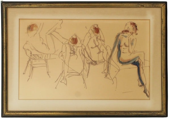 Lillian Goldfarb (1905-1970) USA, MixedMedia/Paper: Lillian Goldfarb (1905-1970) American, Mixed Media. This piece is an abstract piece featuring women in seated or reclining positions. Their faces are colored in shades of red, brown and blue. The figu