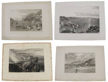 Turner Engravings and Etchings 1812 - 1826, 1860: These lots are based on the engravings and etchings of Joseph Mallord William Turner (1775 - 1851), an English Romantic painter, printmaker, and watercolorist who was known for his imaginative