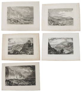 Turner Engravings and Etchings 1812 - 1826, 1860: These lots are based on the engravings and etchings of Joseph Mallord William Turner (1775 - 1851), an English Romantic painter, printmaker, and watercolorist who was known for his imaginative landsca