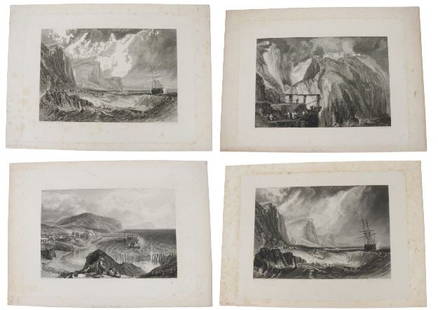 Turner Engravings and Etchings 1812 - 1826, 1860: These lots are based on the engravings and etchings of Joseph Mallord William Turner (1775 - 1851), an English Romantic painter, printmaker, and watercolorist who was known for his imaginative