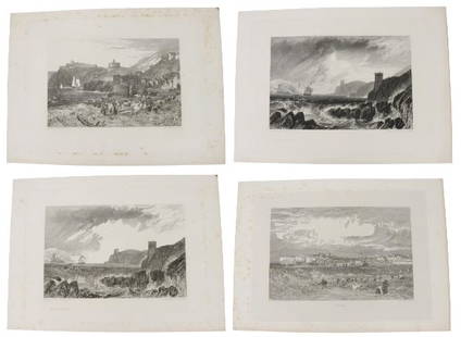 Turner Engravings and Etchings 1812 - 1826, 1860: These lots are based on the engravings and etchings of Joseph Mallord William Turner (1775 - 1851), an English Romantic painter, printmaker, and watercolorist who was known for his imaginative