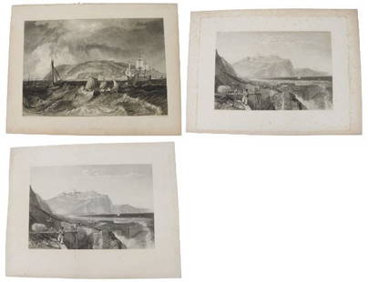 Turner Engravings and Etchings 1812 - 1826, 1860: These lots are based on the engravings and etchings of Joseph Mallord William Turner (1775 - 1851), an English Romantic painter, printmaker, and watercolorist who was known for his imaginative