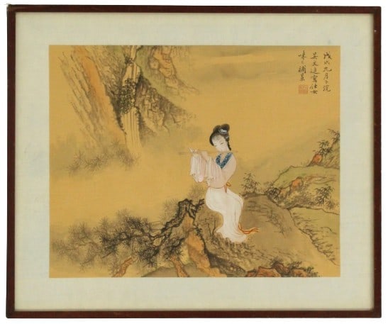 Signed Japanese Woodblock of a Geisha W/ Flute: Signed Japanese Woodblock of a Geisha W/ Flute.Translate Reads: Xiahuan in the ninth month of 1898Wu Wenjin official ladies.Provenance on the back: TokyoOverall Size: 14 1/4 x 17 in. Sight Size: 10 1/