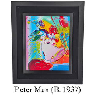 Peter Max (b. 1937) American, Acrylic on Canvas: Peter Max (b. 1937) American, Acrylic on Canvas. "Blushing Beauty" Name in upper left and upper right corner. Colorful profile of a female figure with lots of flowers. A joyous flourish of leaves and