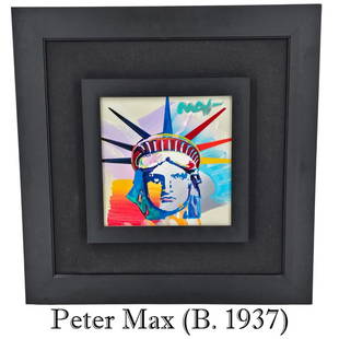 Peter Max (b. 1937) American, Acrylic on Canvas: Peter Max (b. 1937) American, Acrylic on Canvas. "Liberty Head". Name in upper right corner. Flashes, swirls and planes of bold, fauvist color painted on and around her face. Liberty's calm, steadfast