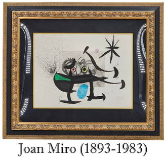 Joan Miro (1893-1983) Spanish, Aquatint: Joan Miro (1893-1983) Spanish, Aquatint. Pencil Signed in lower right. Numbered 40/75 in lower left. Titled "L'Invention Du Regard". Abstract piece with mostly think black lines. Red, yellow, and blue