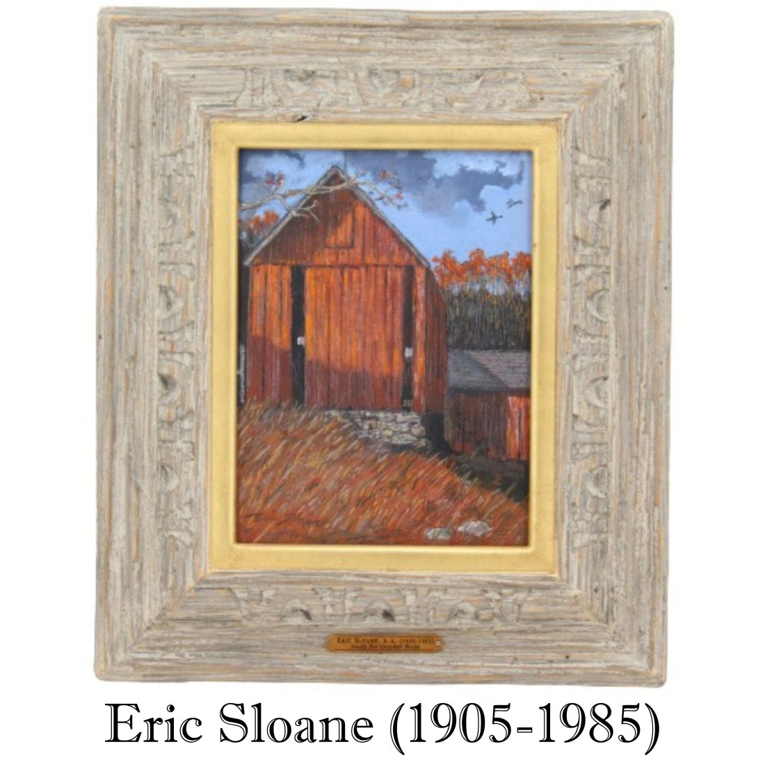 Eric Sloane (1905-1985) USA, Oil on Masonite: Eric Sloane (1905-1985) American, Oil on Masonite. Signed in the lower left. Depicting a barn. Titled "Study for October Blaze". Name plate with title on the front. Label on the back from Michael Wigl