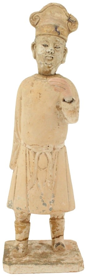 Tang/Song Earthenware Scholar: Tang/Song Earthenware Scholar. 960-1279. Dressed in a robe tied at the front, wearing a stylized tricone hat with scrolled, One arm outstretched, the other by his side. (repairs to head and legs). Siz