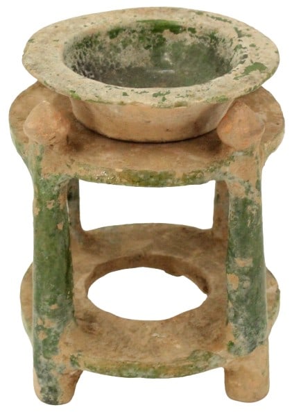 Ming Earthenware Model of a Brasier and Bowl: Ming Earthenware Model of a Brasier and Bowl. (1368-1644). The brasier with open circular rim on four supports joined by a circular stretcher, and continuing down to form feet, the stand supporting a