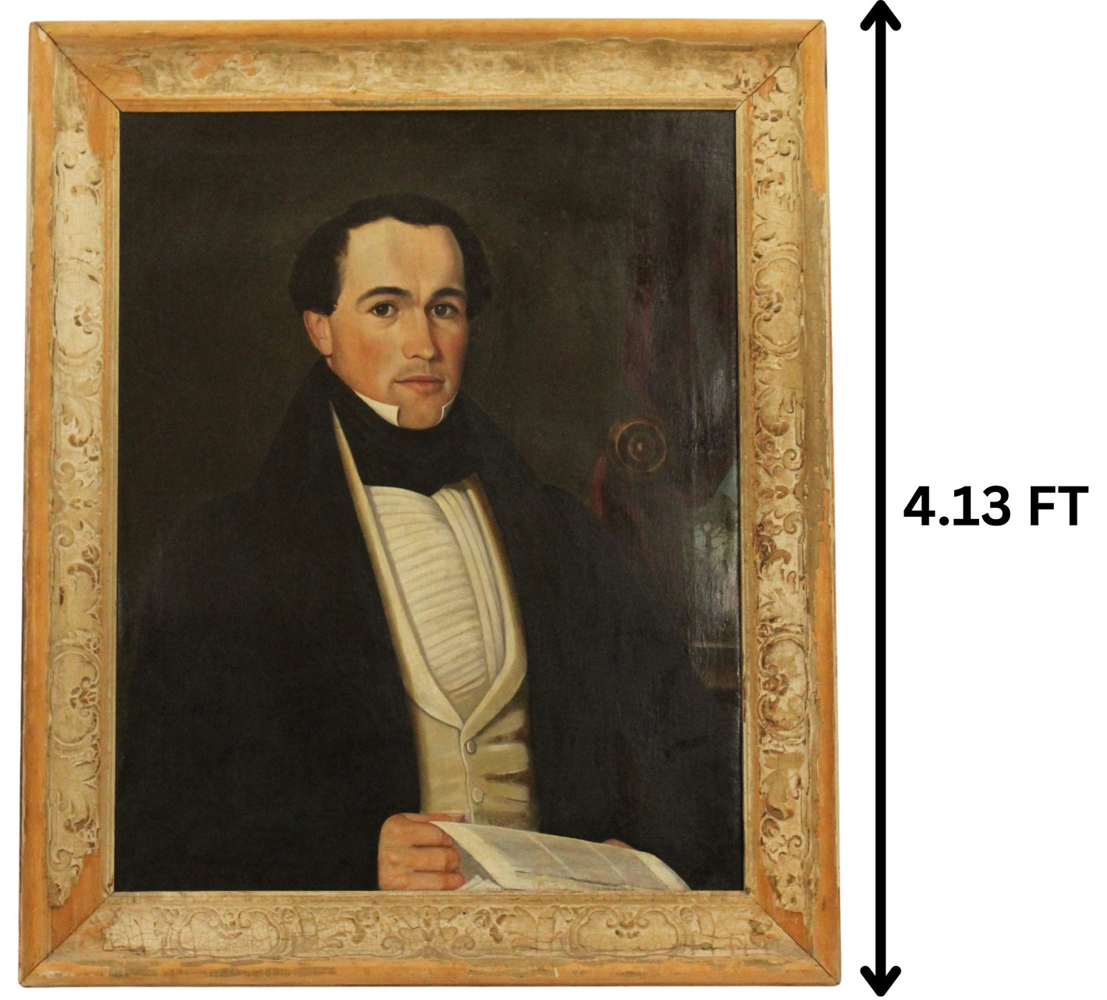 Manner of Limner School Portrait Of A Gentleman: Manner of Limner School Portrait Of A Gentleman. Circa 18th century. Folk art portrait of gentleman wearing stock and vest. An oil painting on canvas support. A three quarter portrait of a young hands