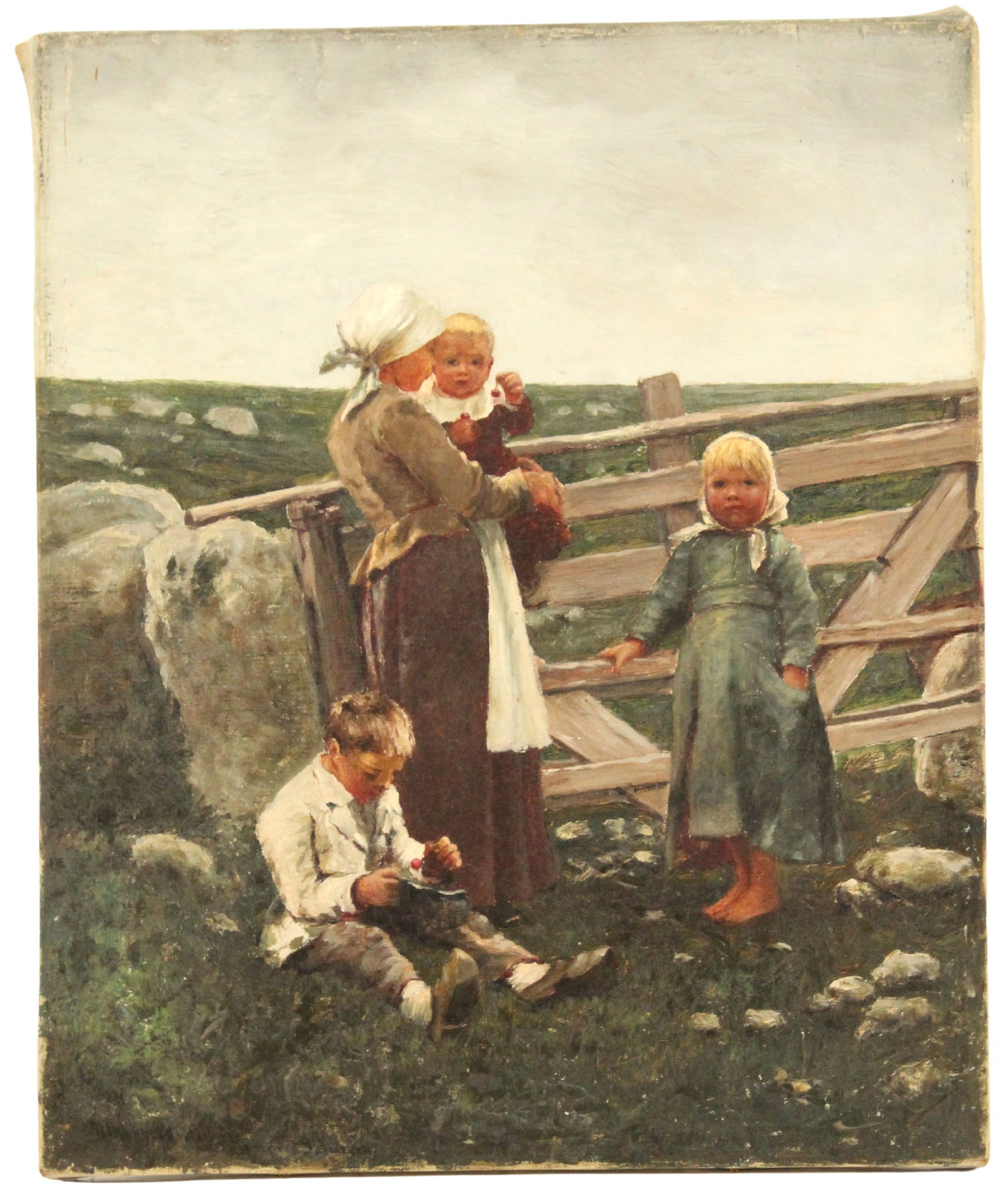 After Hugo Salmson (1843-1894) Swedish, Oil/Canvas: After Hugo Salmson (1843-1894) Swedish, Oil on Canvas. Titled: “The Dalby Gate”. The viewer stands before a mother holding a young child. Two other children stand close to her, one wears a blu