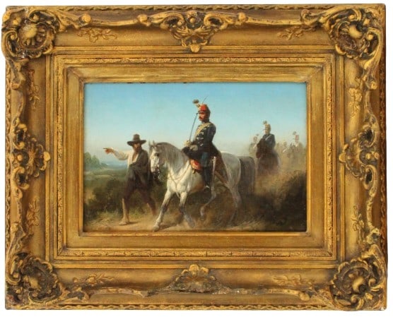 19th/20th c. Oil Painting of Militia on Horseback: 19th/20th Century Oil Painting of Militiamen on Horseback. Features two figures, one walking, the other atop a gray horse. The man walking in dressed in peasant?s attire and he points off in the dista