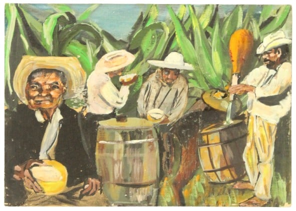 Central American Oil on Board 'Making Tequila': Small unframed and unsigned acrylic on board titled "Making Tequila in Nicaragua". Dated 1965.Size: 10 x 14 in. #24 #1851