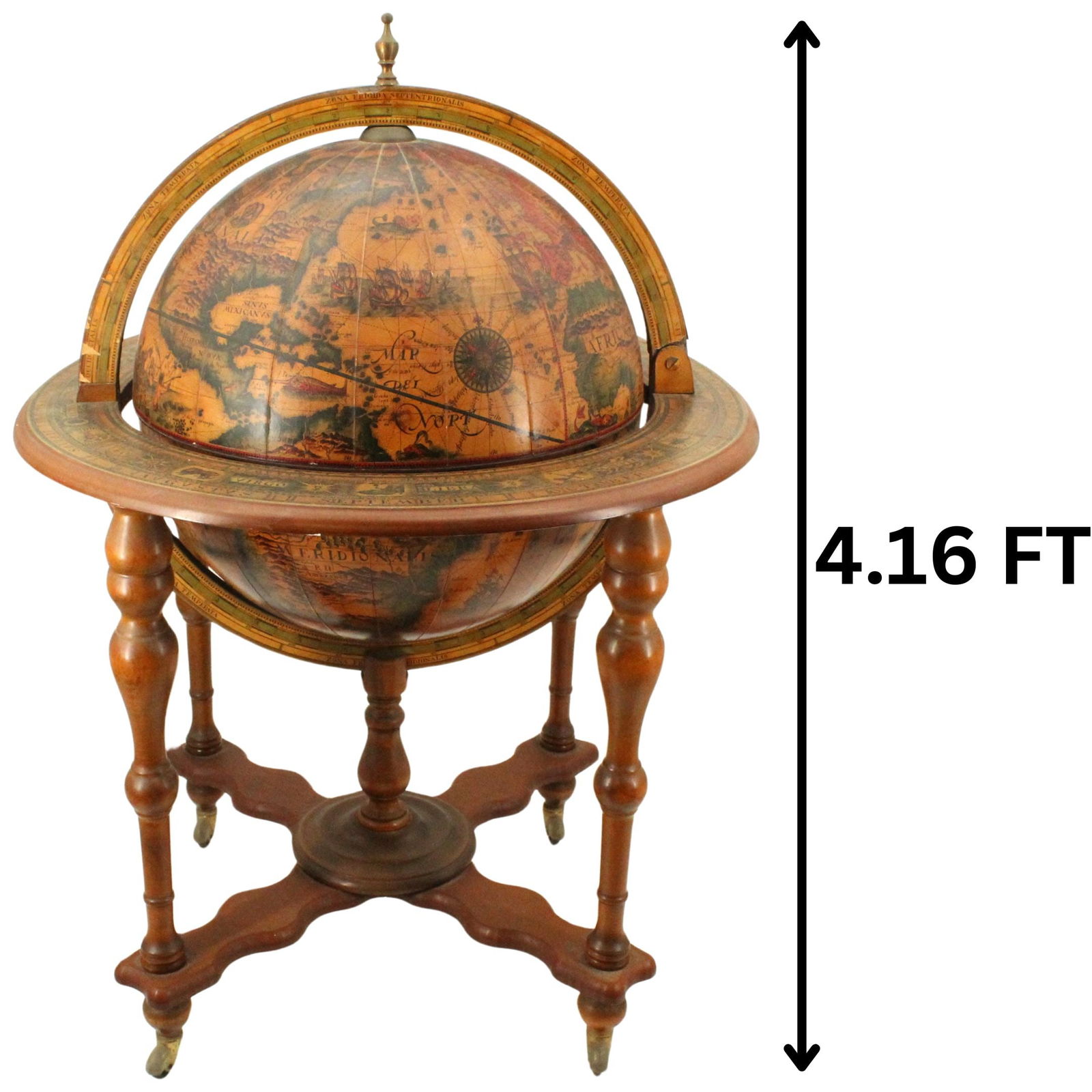 20th c. Table Globus/Globe As A Bar: 20th c. Table Globus/Globe As A Bar. This handsome object has an antique look, light brown and walnut glazed. Four balustrated legs on brass rollers, connected by a curved cross brace; on top the prof