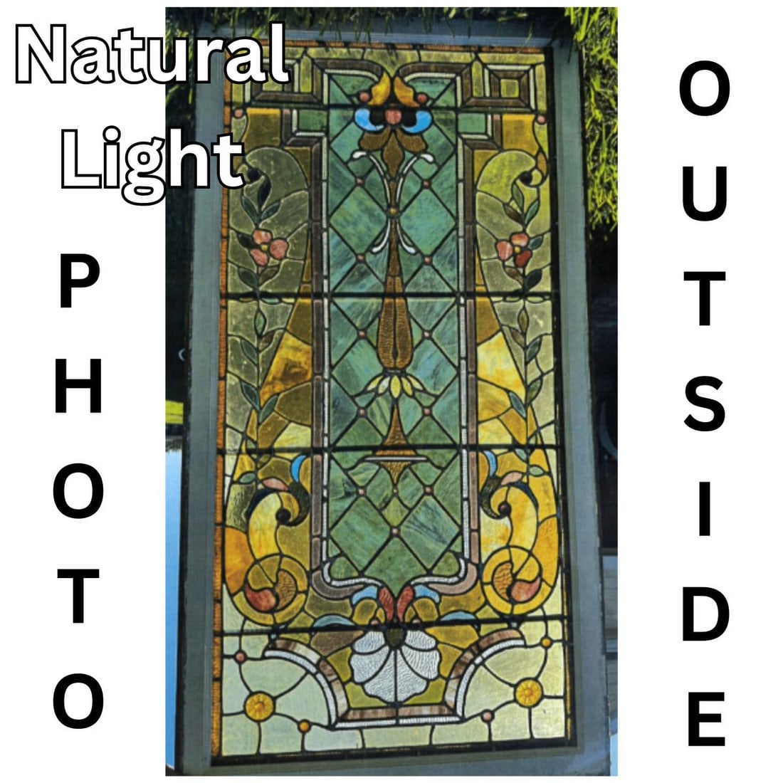 Stain Glass in Floral Design: Stain Glass in Floral DesignOur interior images appear to be a lot less vibrant as the item photographed outside. Crate Size: 30 x 58 1/2 x 5 in. Stain Glass Size: 53 1/2 x 25 5/8 in. #1272