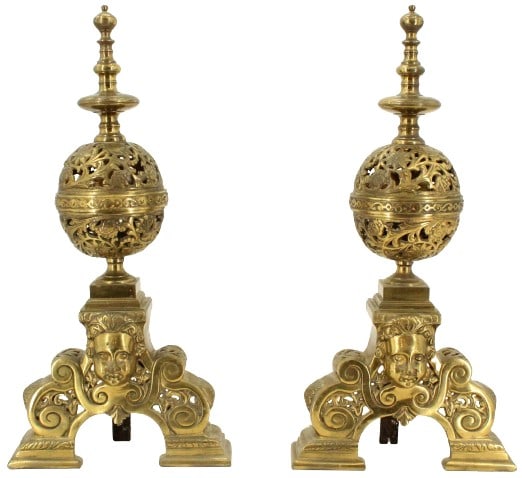 Pair of Louis XIV Style Bronze Andirons: Pair of Louis XIV Style Bronze Andirons. Size: 11 x 5 1/2 x 22 1/4 in. #1584