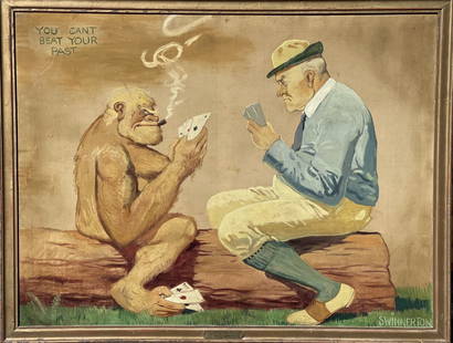 James Swinnerton (1875-1974) USA, Oil on Canvas: James Swinnerton (1875-1974) American, Oil on Canvas. Titled "You Can't Beat Your Past" in upper left. Cartoon of Harry Leon Wilson Sire of 1919 Grove Play "Life." Overall size: 40 X 51 1/2 in. Sight