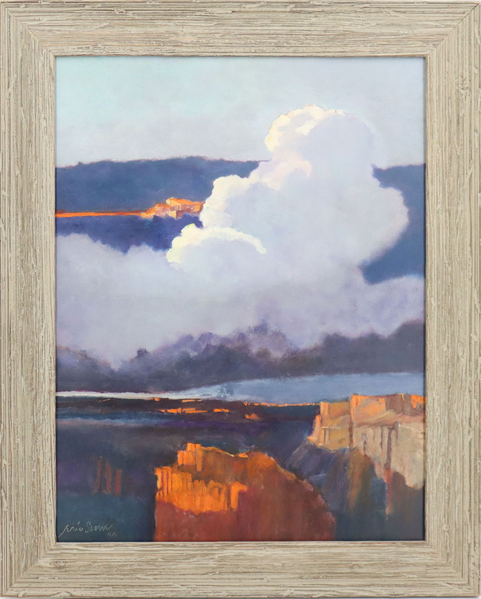 Eric Sloane (1905-1985) Oil on Board "On the Rim": Eric Sloane (American, 1905-1985) oil on board 1984 landscape painting, titled "On the Rim". Signed lower left. Attribution and title on reverse. Frame: 25 1/2 x 32 in. Sight; 19 1/2 x 25 1/2 in. #551