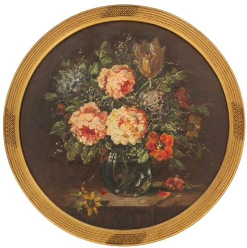 Gregory Hollyer (1871-1965) British, Oil on Canvas Still Life: Gregory Hollyer (1871-1965) British, circular oil on canvas still life depicting a bouquet of flowers. Overall Size: 22 1/2 x 22 1/2 in. Sight Size: 19 1/2 x 19 1/2 in. #57 #1662 Artist Biography: Gre