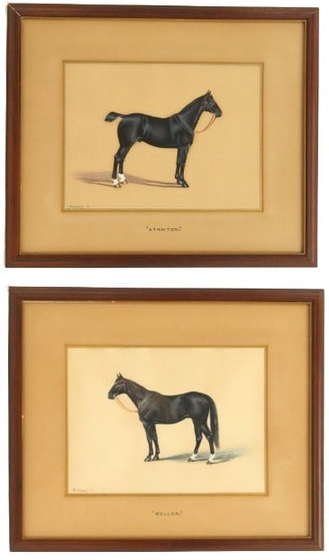 (2) Early 20th Century Watercolors by D.H. Russel: Two Early 20th Century D.H. Russel watercolor paintings of Kentucky Derby winning horses, Statton and Buller. Overall Size: 15 3/4 x 18 3/4 in. Sight Size: 8 3/4 x 12 in. #51 #1674