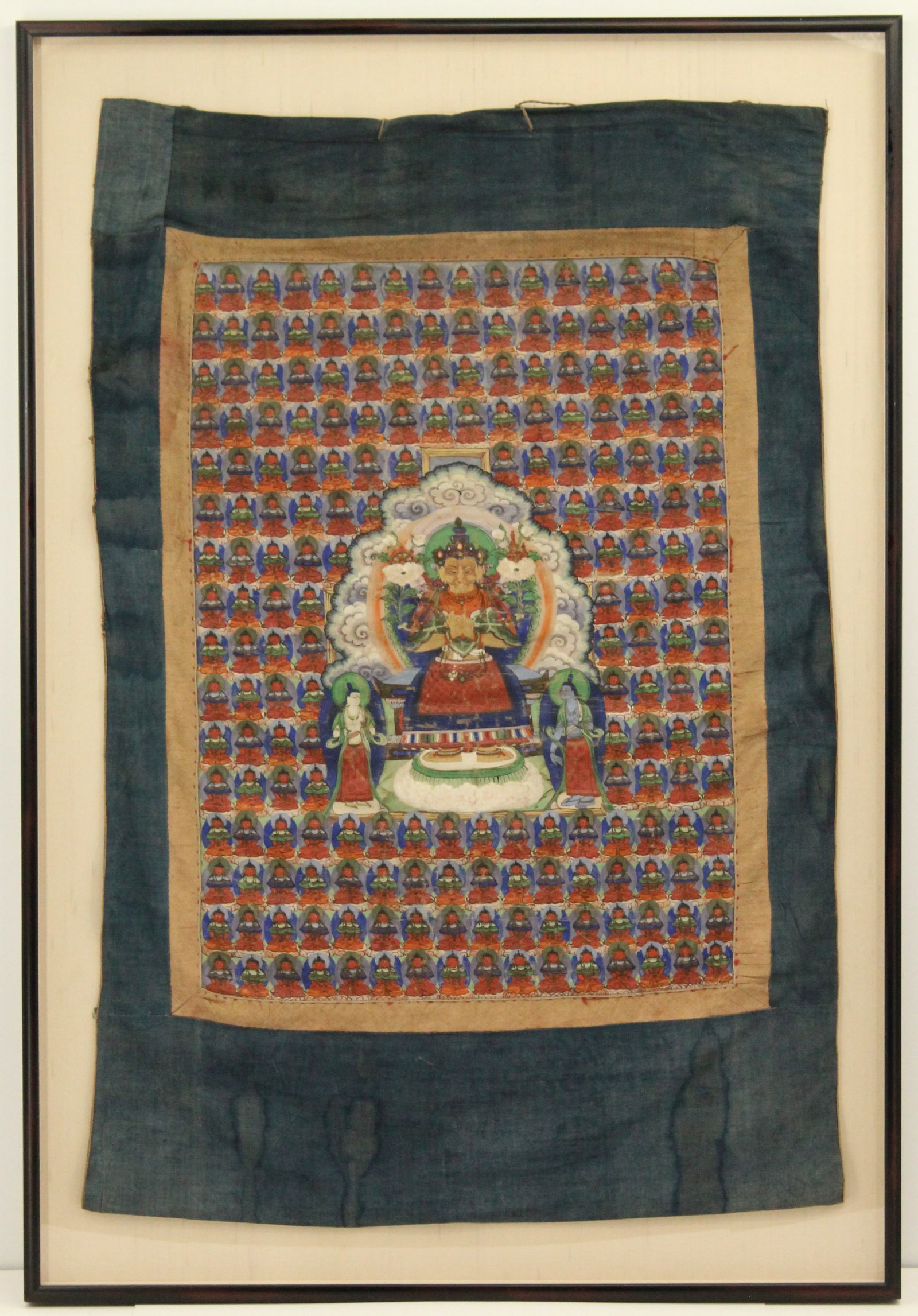 Antique Tibetan Thangka, Painted on Cloth: Antique Tibetan Thangka, Painted on Cloth. Depicts Amitabha Buddha. Overall size: 44 3/4 X 30 3/4 in. Sight size: 39 X 25 1/4 in. #1470 . A thangka is a Tibetan Buddhist painting on cotton or silk app