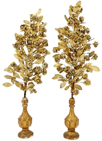 Pair Brazilian Antique Standing Tree Decorations: Pair of Brazilian antique standing gilt metal decorations of trees.Condition: Commensurate with age. Size: 11 3 1/2 x 30 1/2 in. #1089