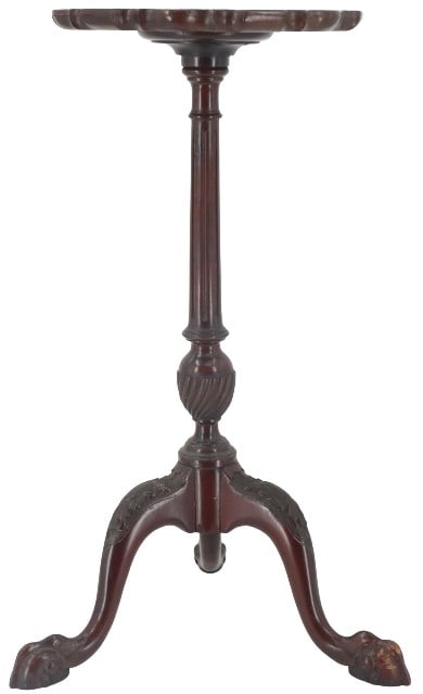 Chippendale Mahogany Wine Table: Chippendale mahogany wine table with pie-crust rim. Standing on three legs. Condition: Commensurate with age. Scuffs on one foot. Size: 17 1/2 x 17 1/2 x 29 in. #5334 . Thomas Chippendale was born in