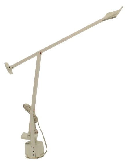 1972 Artemide Tizio White Cantilever Desk Lamp: Tizio lamp by Richard Sapper for the Italian publisher Artemide. The structure consists of a cylindrical base made of propylene ether and polystyrene, containing the transformer. A switch is also loca