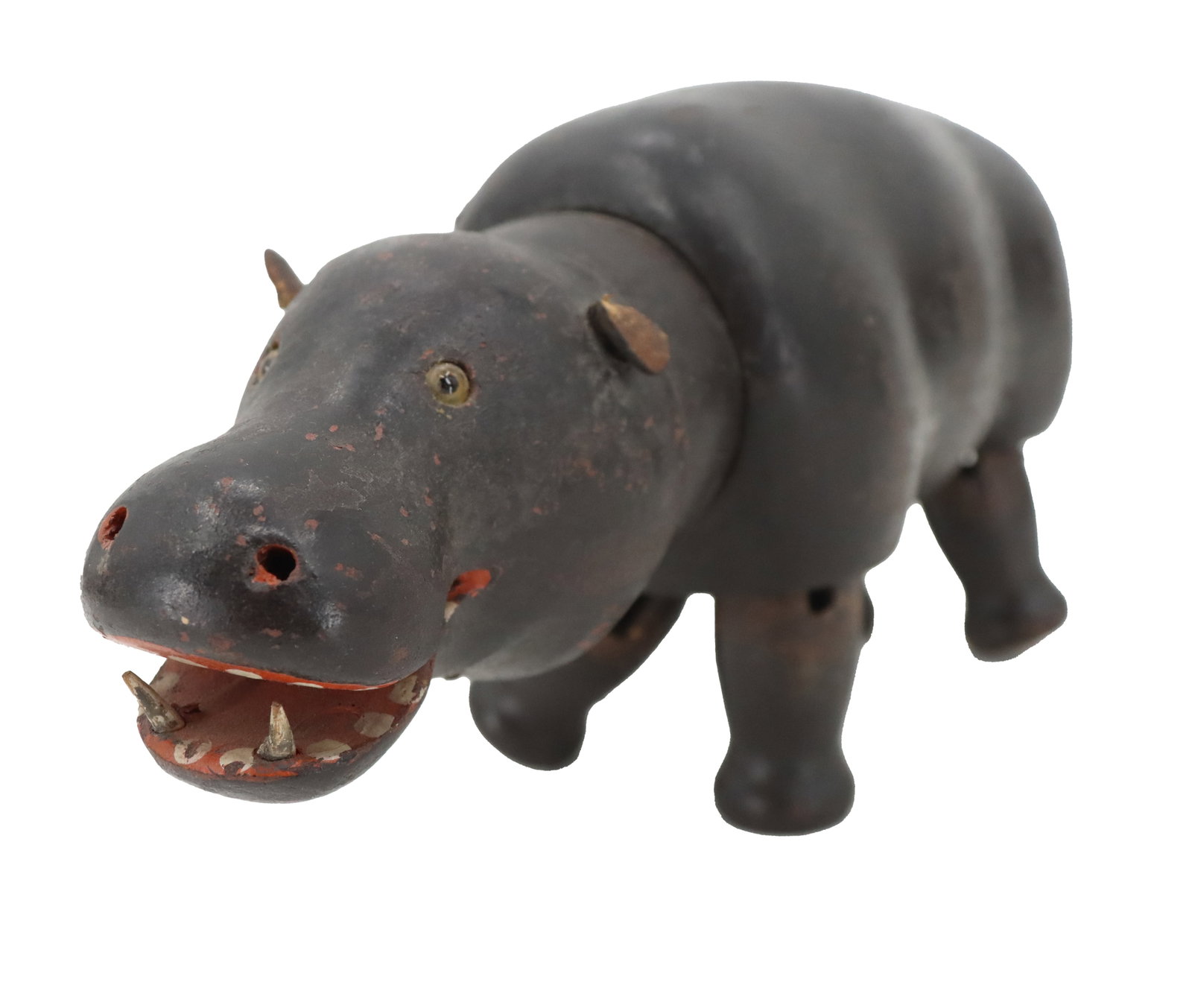 Schoenhut Circus Hippo, Wood Carved: Schoenhut Humpty Dumpty Circus Hippopotamus, Wood Carved. Jointed, wood body, leather ears, molded teeth. Size: 10 X 3 1/2 X 5 in. #5393 . Born in 1848, Albert Schoenhut came from a toy-making family 