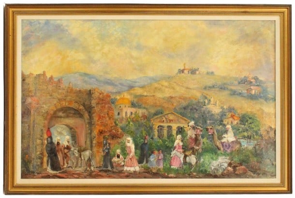 Mark Voris (1907-1974) American, Oil on Canvas, 1962: Oil on Canvas. Signed and dated lower right, Voris 1962 bottom right. Depicts a gathering at the ancient city gates. Overall size: 23 3/4 X 35 5/8 in. Sight size: 19 3/4 X 31 3/4 in. #1453 . Artist Bi