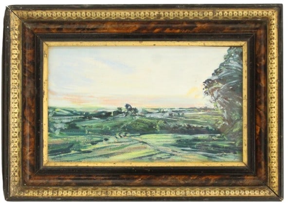 After John Constable, British, Oil on Board: After John Constable British, Oil on Board. Depicts a landscape viewing the green horizon. Overall Size: 10 1/8 x 14 1/4 in. Sight Size: 6 1/8 x 10 1/4 in. Frame Thickness: 2 1/4 in. #1298 John Consta