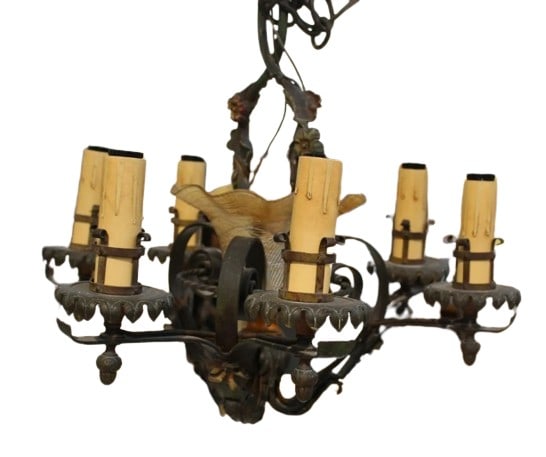 Antique Wrought Iron Chandelier with Quezal Shade (1 of 8)