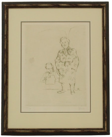 Jack Levine (1915-2010) American, Etching: Jack Levine (1915-2010) American, Etching. Titled "Dreigroschenfilm". 44/100, lower left. Signed in lower right. Soft ground etching. Depicts two figures. One in the background sitting using a typewri