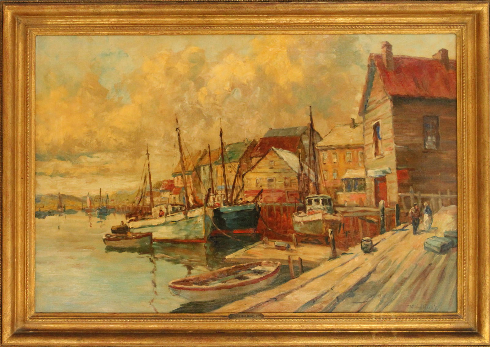 William Ward Jr (1911-2001) American, Oil on Canvas: C Hjalmar "Cappy" Amundsen (1911-2001) Oil on canvas nautical painting depicting a small fishing village, Painting is signed William Ward Jr., one of Amundsen's pseudonyms. Titled "Fishing Village". F