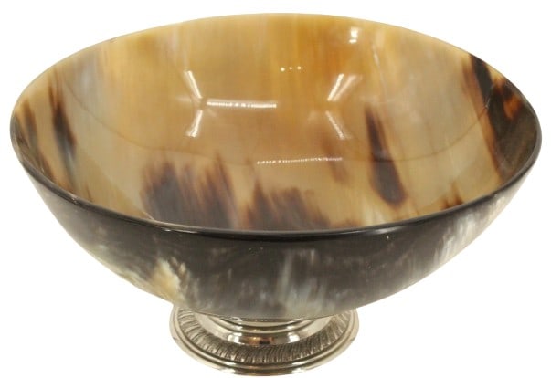 Carved Horn Bowl with Silver Foot: Decorative bowl made from carved horn, attached to silver pedestal foot. Size: 8 1/4 x 8 1/4 x 3 3 /4 in. #2295