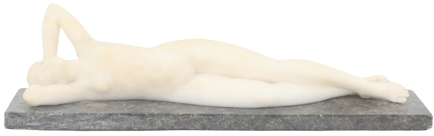 Jean-Baptiste Carpeaux (1827-1875) Reclining Nude: Jean-Baptiste Carpeaux (French, 1827-1875) plaster sculpture of a reclining nude. Attached to marble base, incise signature on marble base near legs. Condition: Hairline crack around arm that is up ne