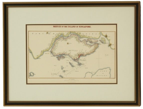 Hand Colored Reproduction Map of Singapore: Hand Colored Reproduction Map of Singapore. From the "Memoirs of the Life and Public Services of Sir Thomas Stamford Raffles, F.R.S." by his widow, Sophia Raffles. Published by John Murray in London,