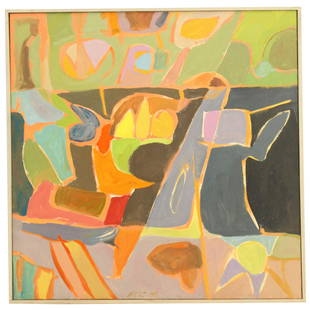 Darrell Crisp (20th Century) American, Oil on Canvas: Darrell Crisp (20th Century) American, Oil on Canvas. Signed "EDC" and dated 1986 bottom center. Depicts bright abstract shapes. Overall size: 24 3/4 X 24 3/4 in. Sight size: 24 X 24 in. #1490 . Edwar