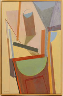 Darrell Crisp (20th Century) American, Oil on Canvas: Darrell Crisp (20th Century) American, Oil on Canvas. Signed "D. Crisp" lower left. Inscribed and dated verso "4/25/90" and "#37/1990." Abstract painting of shapes. Depth: 3 1/4 in. Overall size: 25