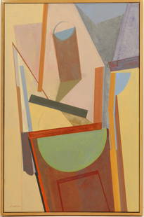 Darrell Crisp (20th C) American, Oil on Canvas: Darrell Crisp (20th Century) American, Oil on Canvas. Signed "D. Crisp" lower left. Inscribed and dated verso "4/25/90" and "#37/1990." Abstract painting of shapes. Depth: 3 1/4 in. Overall size: 25 1